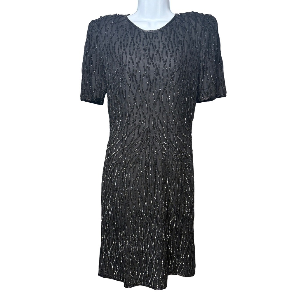Vtg Mark & John by Sam Sequin Dress Womens S Black Silk Keyhole Back Formal Glam
